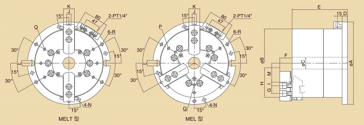 MEL, MELT ข้อเหวี่ยงประเภท Long Jaw Stroke Hollow Power Chuck Fixtures